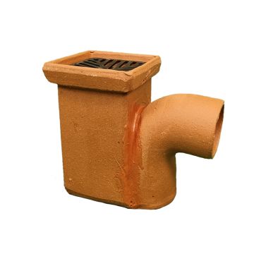 Clay 150mm Square Drainage Gully & Cast Iron Grate 100mm P Plain Ended Outlet NAT K169